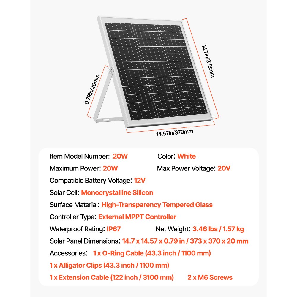 VEVOR Kit de Panel Solar Monocristalino 12 V y 20 W, Cargador de Batería con Controlador MPPT Inteligente y Soporte de Montaje Ajustable, IP67 Resistente al Agua para Coche, Barco, Autocaravana