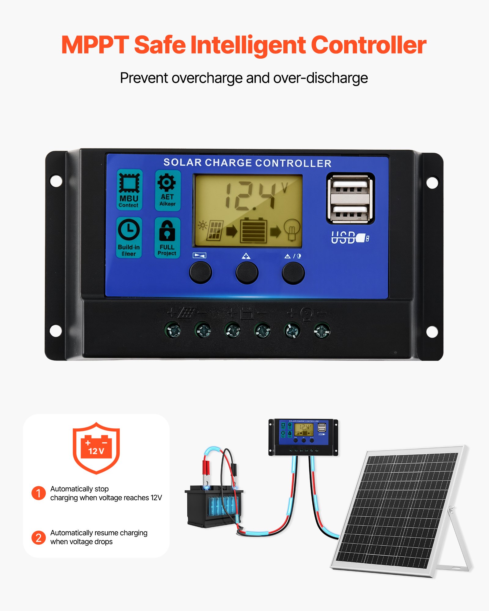 VEVOR Kit de Panel Solar Monocristalino 12 V y 20 W, Cargador de Batería con Controlador MPPT Inteligente y Soporte de Montaje Ajustable, IP67 Resistente al Agua para Coche, Barco, Autocaravana