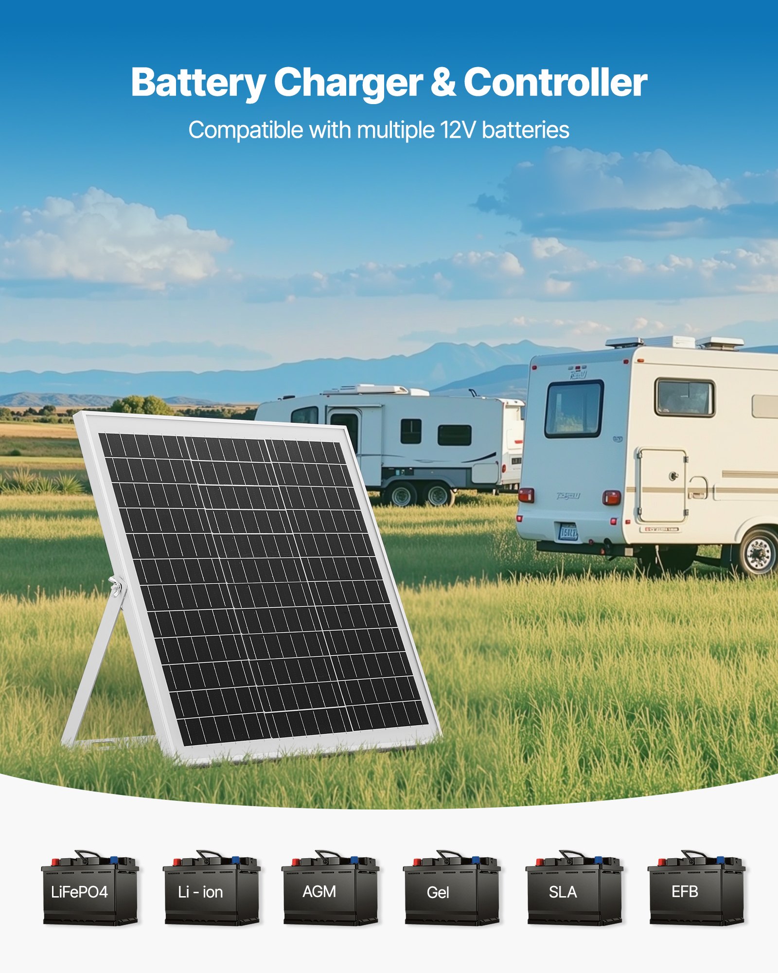 VEVOR Kit de Panel Solar Monocristalino 12 V y 20 W, Cargador de Batería con Controlador MPPT Inteligente y Soporte de Montaje Ajustable, IP67 Resistente al Agua para Coche, Barco, Autocaravana