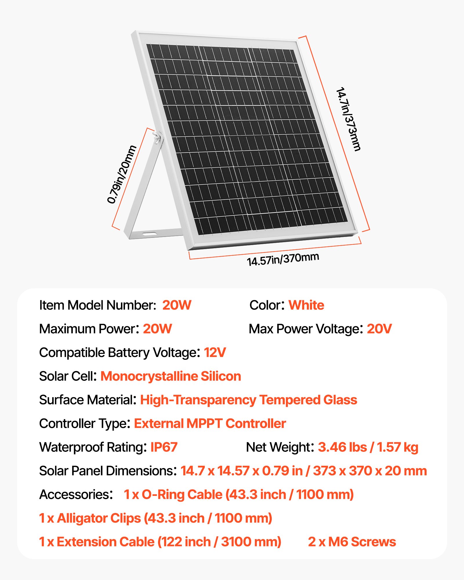 VEVOR Kit de Panel Solar Monocristalino 12 V y 20 W, Cargador de Batería con Controlador MPPT Inteligente y Soporte de Montaje Ajustable, IP67 Resistente al Agua para Coche, Barco, Autocaravana