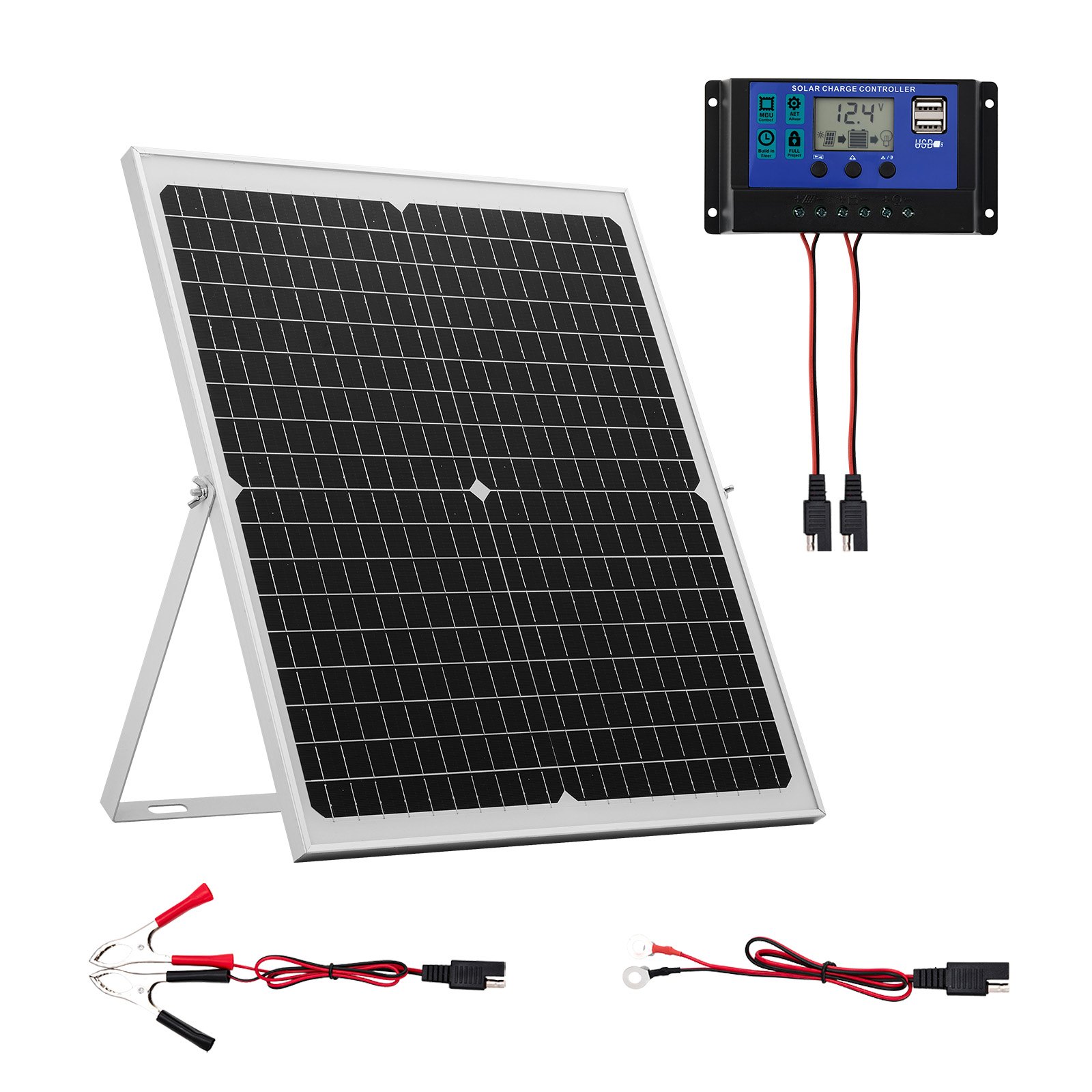 VEVOR Cargador de Batería Solar 30 W, Células Monocristalinas, Controlador MPPT Externo, Soporte de Montaje Ajustable, Resistencia al Agua IP65, para Coches, Barcos y Remolques, 478 x 418 x 20 mm
