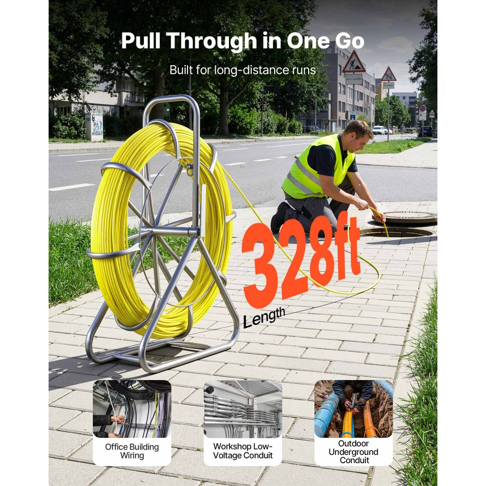 VEVOR Guía Pasacables de 6,3 mm y 100 metros, Cable de Fibra de Vidrio con Soporte de Acero y Freno, Terminales Intercambiables, Herramientas de Electricista, para Pared Tubo Construcción Eléctrica