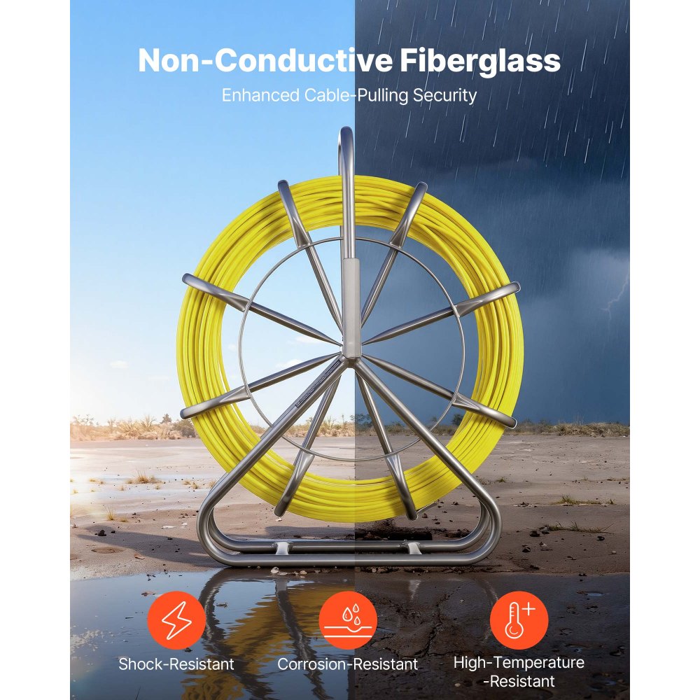 VEVOR Guía Pasacables de 6,3 mm y 100 metros, Cable de Fibra de Vidrio con Soporte de Acero y Freno, Terminales Intercambiables, Herramientas de Electricista, para Pared Tubo Construcción Eléctrica