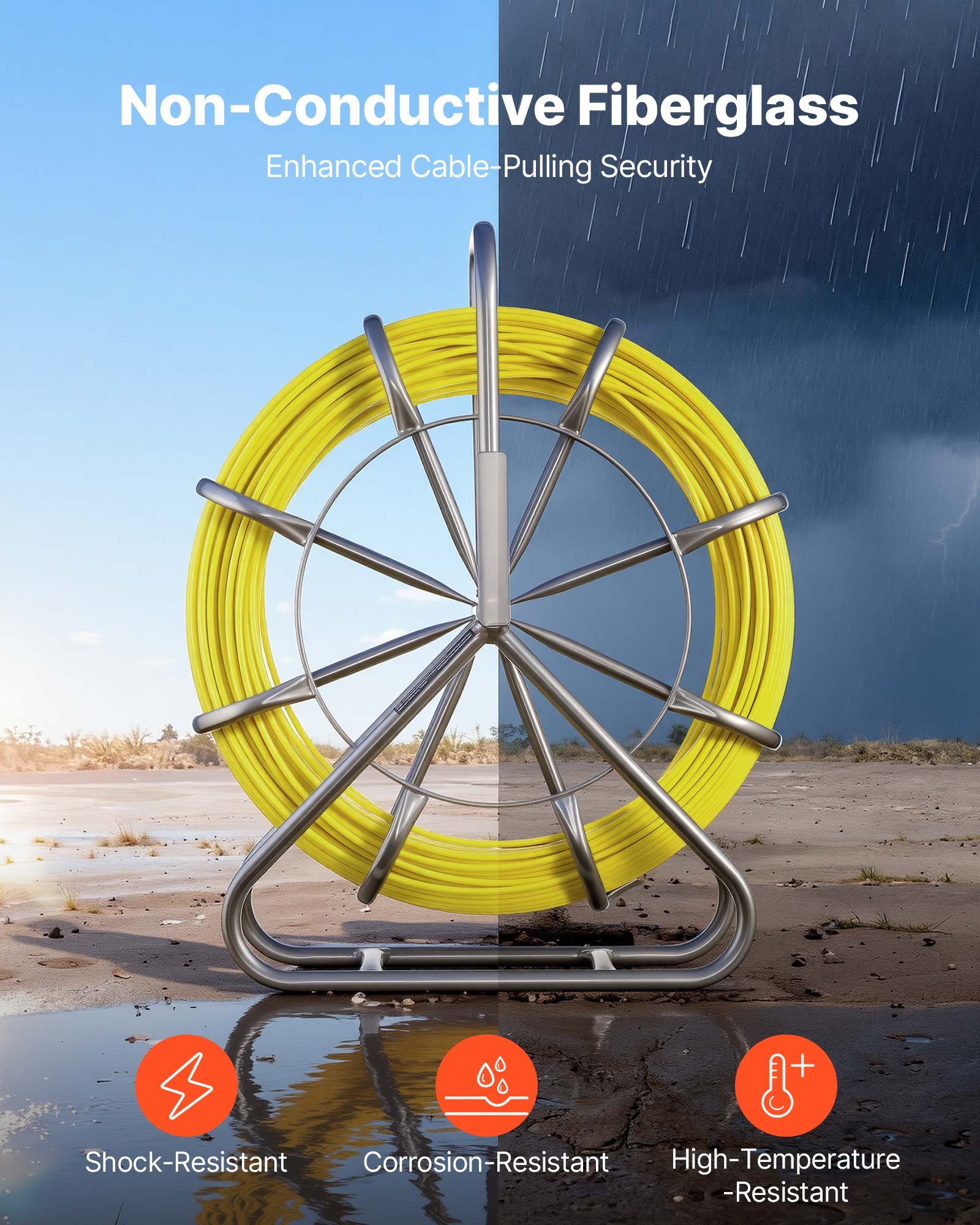 VEVOR Guía Pasacables de 6,3 mm y 100 metros, Cable de Fibra de Vidrio con Soporte de Acero y Freno, Terminales Intercambiables, Herramientas de Electricista, para Pared Tubo Construcción Eléctrica