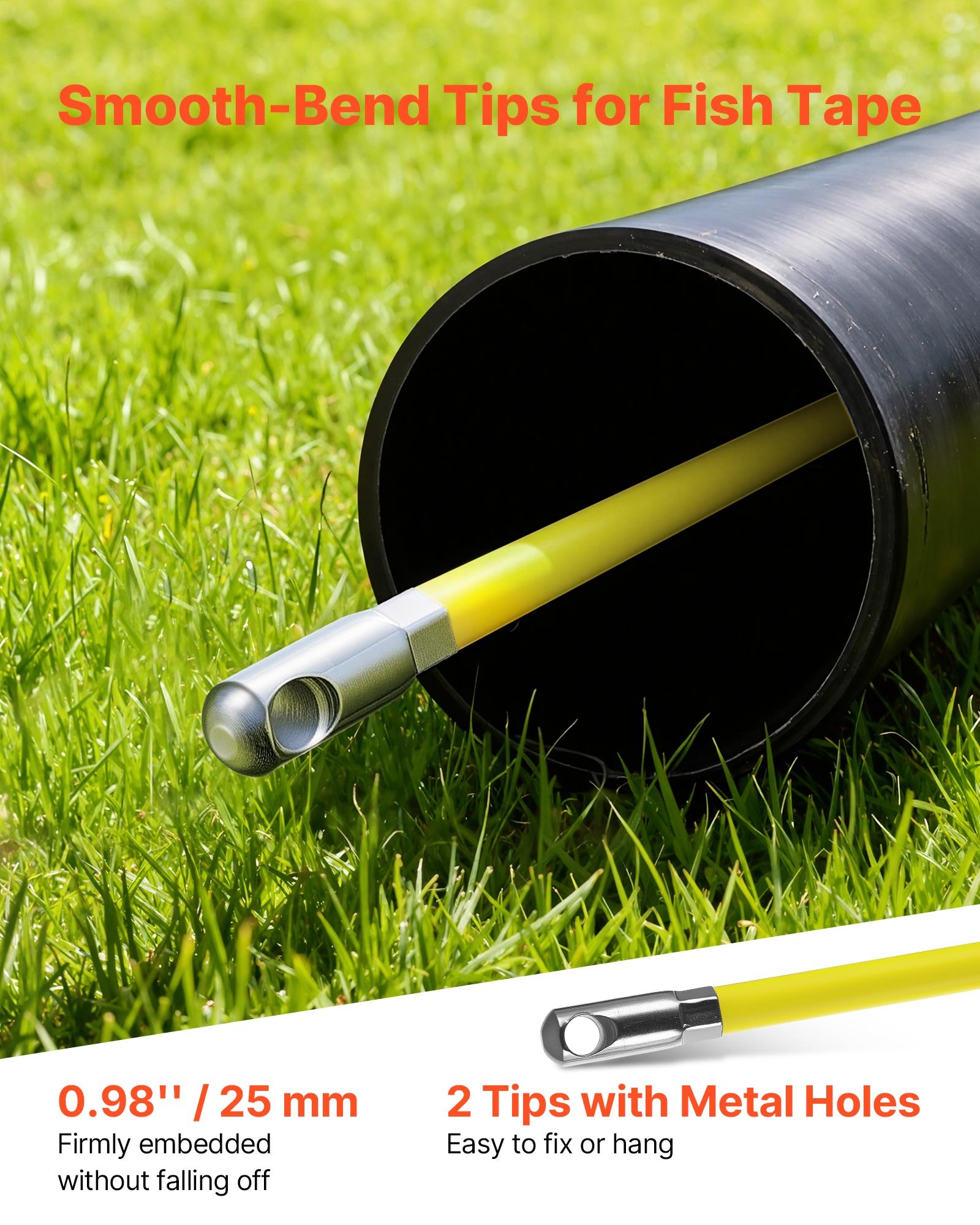 VEVOR Guía Pasacables de 6,3 mm y 100 metros, Cable de Fibra de Vidrio con Soporte de Acero y Freno, Terminales Intercambiables, Herramientas de Electricista, para Pared Tubo Construcción Eléctrica