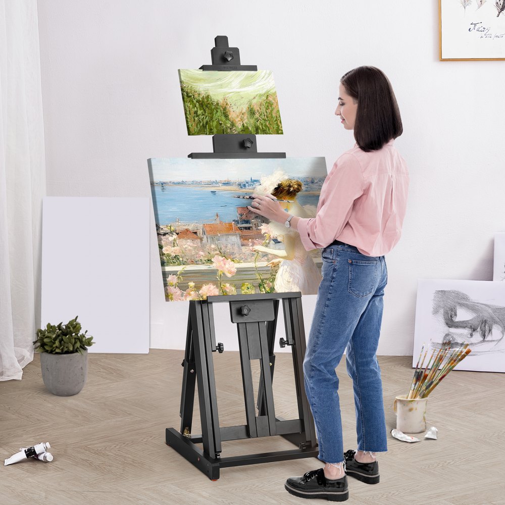 VEVOR Easel with H-frame for canvas paintings up to 195 cm, artist's easel made of beech wood for painting with floor shelf, double canvas position, 10 kg load capacity studio easel, adjustable