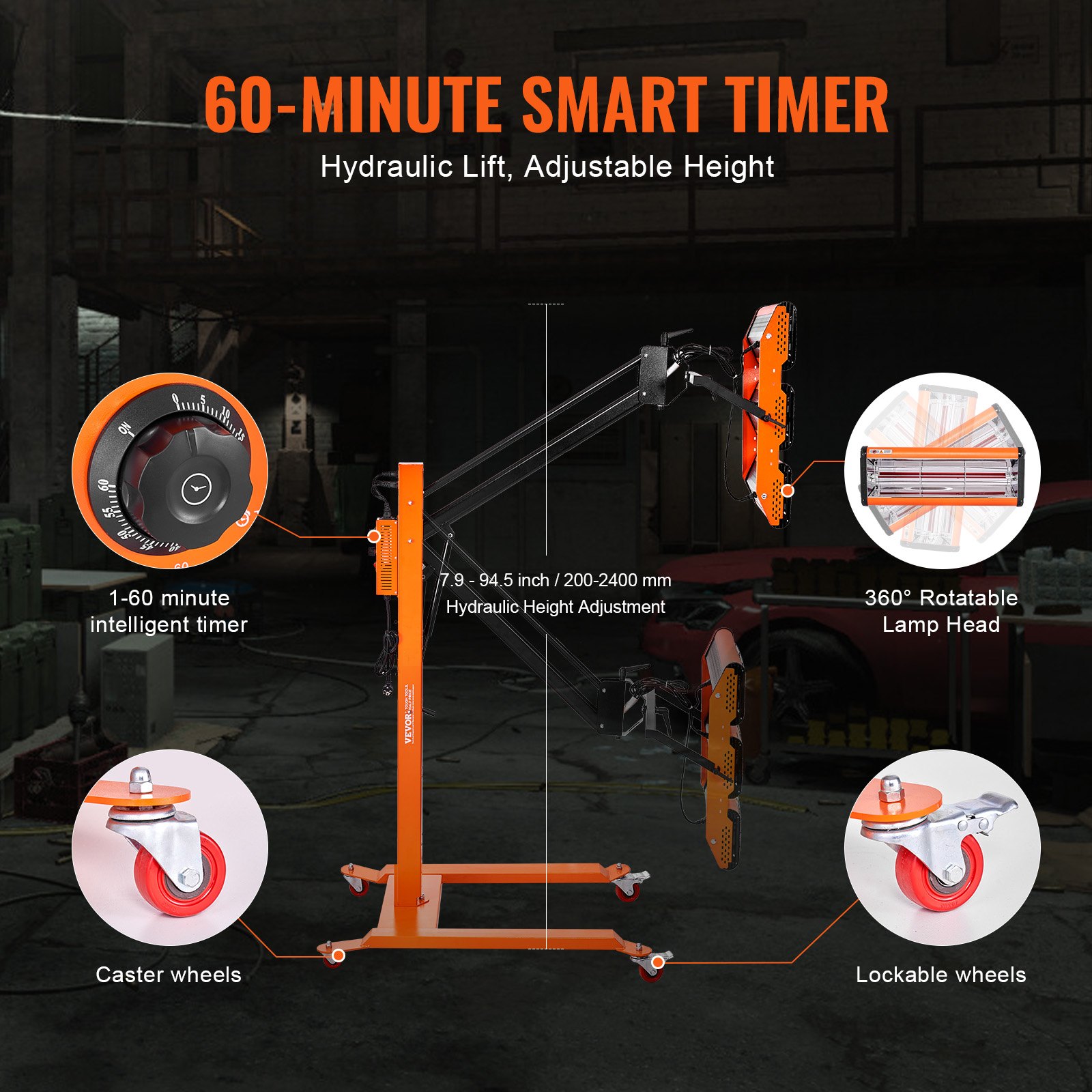VEVOR Infrared Curing Lamp, 3300 W, 1-60 min. Time Setting, Auto Curing Lamp with Automatic Heating and Stand, 8.61 sq ft. Baking Area, Spray Booth Heaters, Paint Dryers