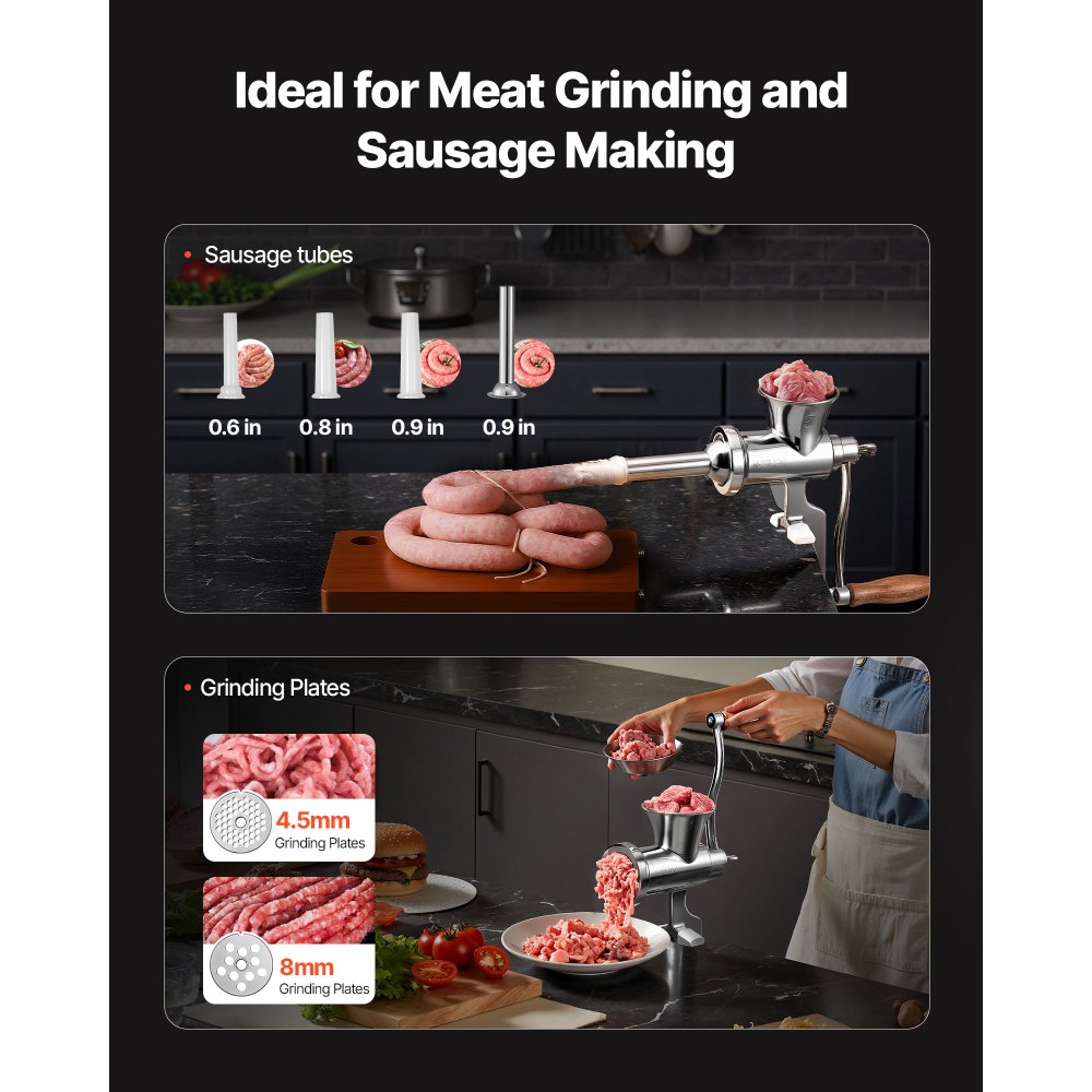 VEVOR Picadora de Carne Manual de Acero Inoxidable 304 con Manivela y Abrazadera de Acero para Mesa Máquina para Moler Carne con 2 Placas de Corte y 4 Tubos Ideal para Carne de Res, Restaurante