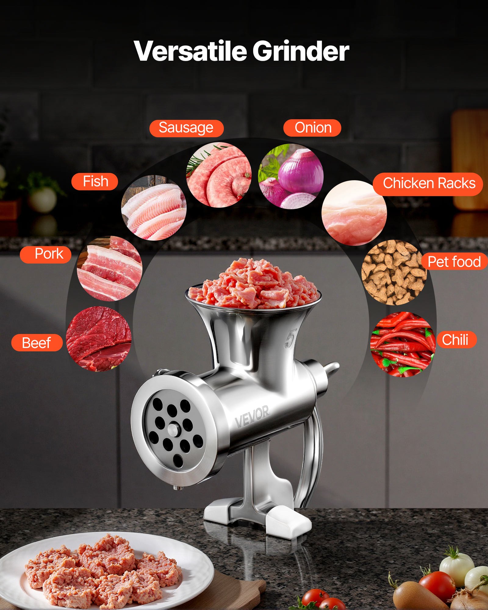 VEVOR Picadora de Carne Manual de Acero Inoxidable 304 con Manivela y Abrazadera de Acero para Mesa Máquina para Moler Carne con 2 Placas de Corte y 4 Tubos Ideal para Carne de Res, Restaurante