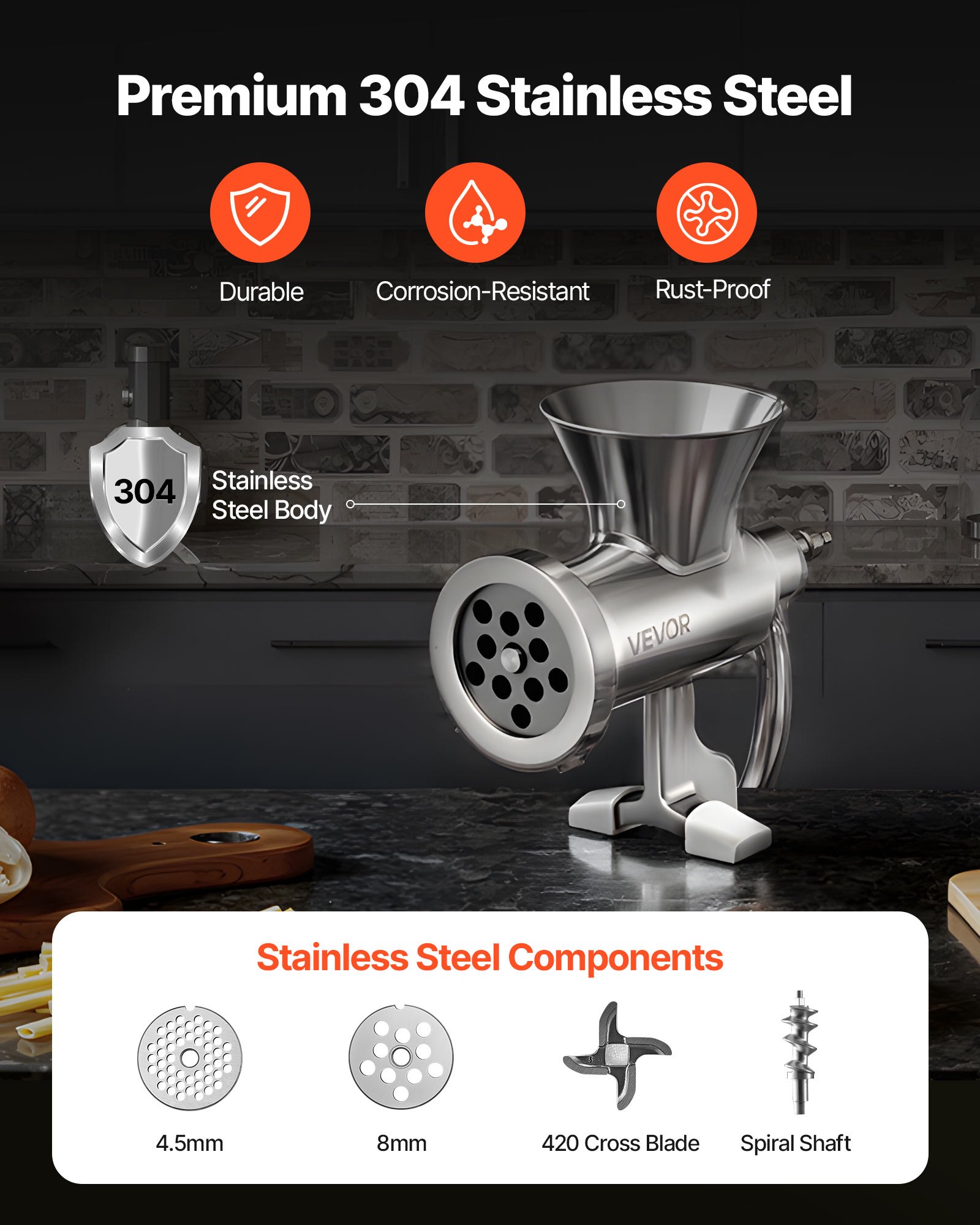 VEVOR Picadora de Carne Manual de Acero Inoxidable 304 con Manivela y Abrazadera de Acero para Mesa Máquina para Moler Carne con 2 Placas de Corte y 4 Tubos Ideal para Carne de Res, Restaurante