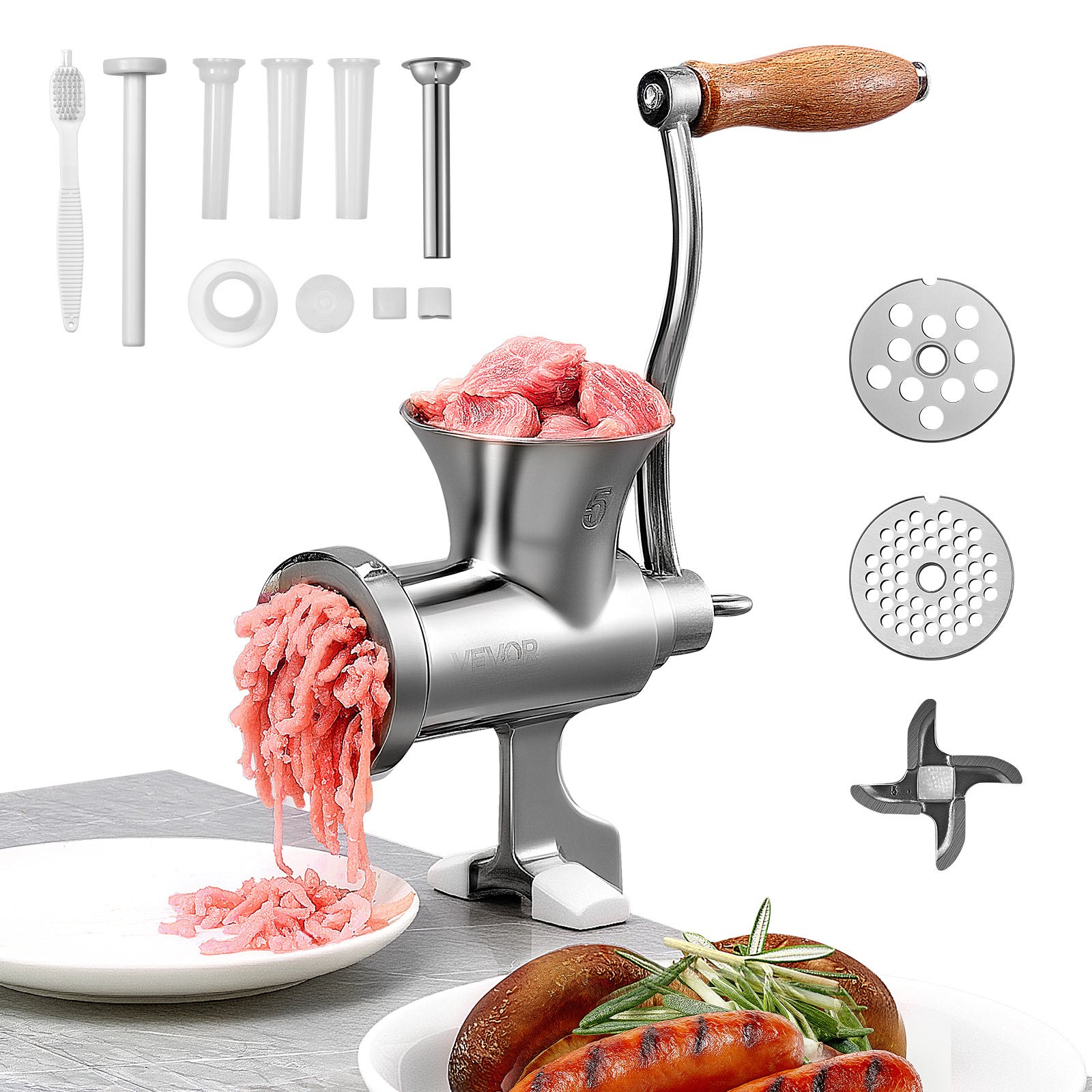 VEVOR Picadora de Carne Manual de Acero Inoxidable 304 con Manivela y Abrazadera de Acero para Mesa Máquina para Moler Carne con 2 Placas de Corte y 4 Tubos Ideal para Carne de Res, Restaurante