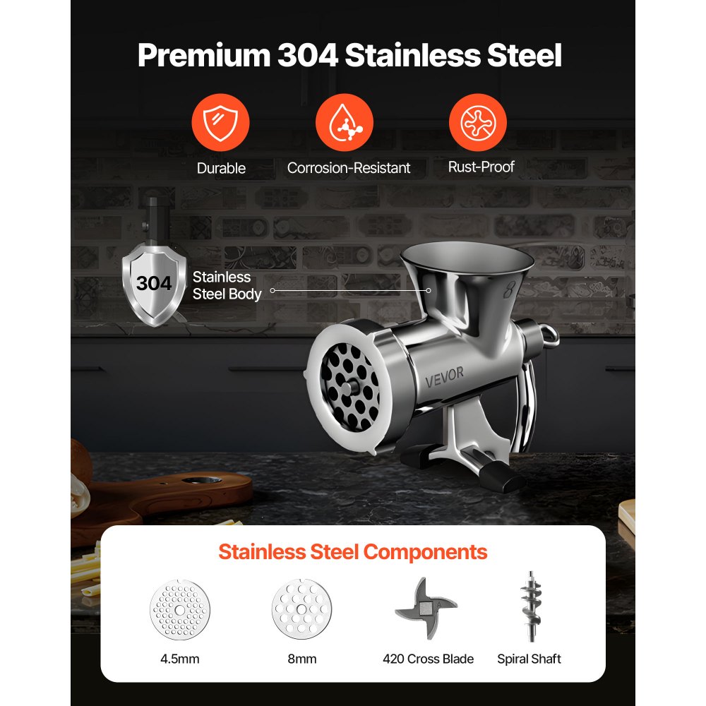 VEVOR Picadora de Carne Manual de Acero Inoxidable 304 con Manivela y Abrazadera de Acero para Mesa Máquina para Moler Carne con Placa de Corte y Tubo Ideal para Carne de Res, Cocina, Restaurante