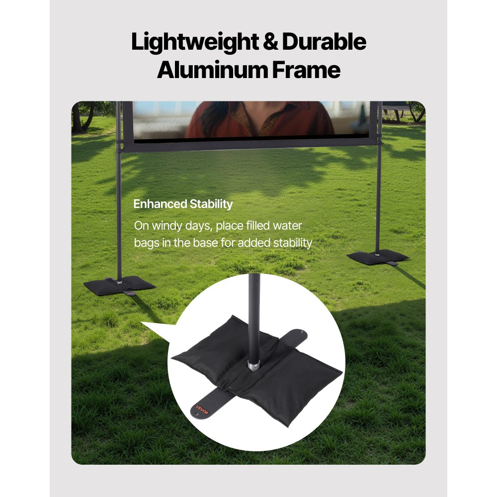 VEVOR Pantalla de Proyector con 2 Soportes de Pie Plano, Pantalla de Proyección Portátil Antiarruga de 203,2 cm con Bolsa de Transporte Ángulo Amplio de 160° 16:9 4K HD para Cine en Casa