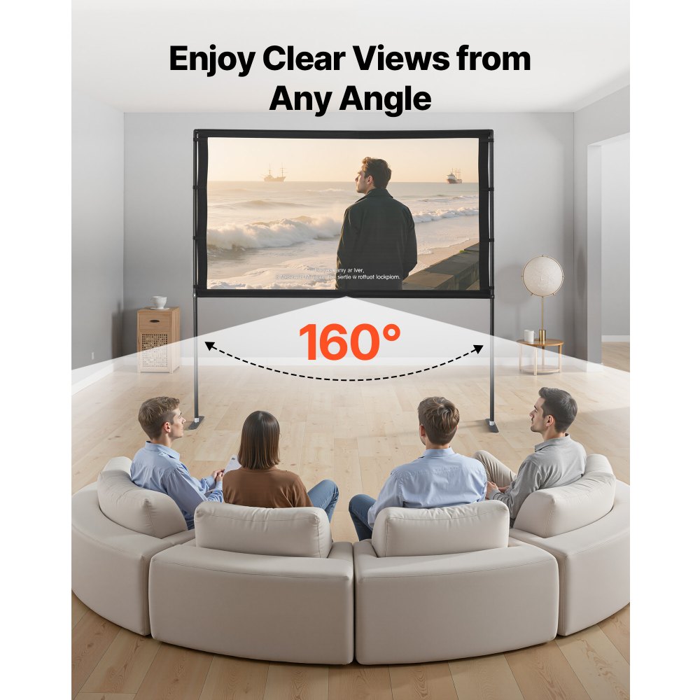VEVOR Pantalla de Proyector con 2 Soportes de Pie Plano, Pantalla de Proyección Portátil Antiarruga de 203,2 cm con Bolsa de Transporte Ángulo Amplio de 160° 16:9 4K HD para Cine en Casa