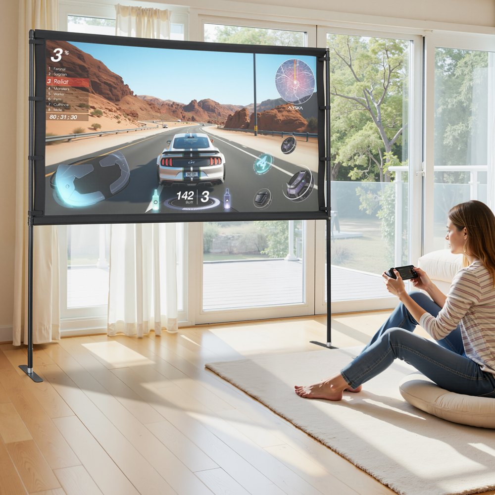 VEVOR Pantalla de Proyector con 2 Soportes de Pie Plano, Pantalla de Proyección Portátil Antiarruga de 203,2 cm con Bolsa de Transporte Ángulo Amplio de 160° 16:9 4K HD para Cine en Casa