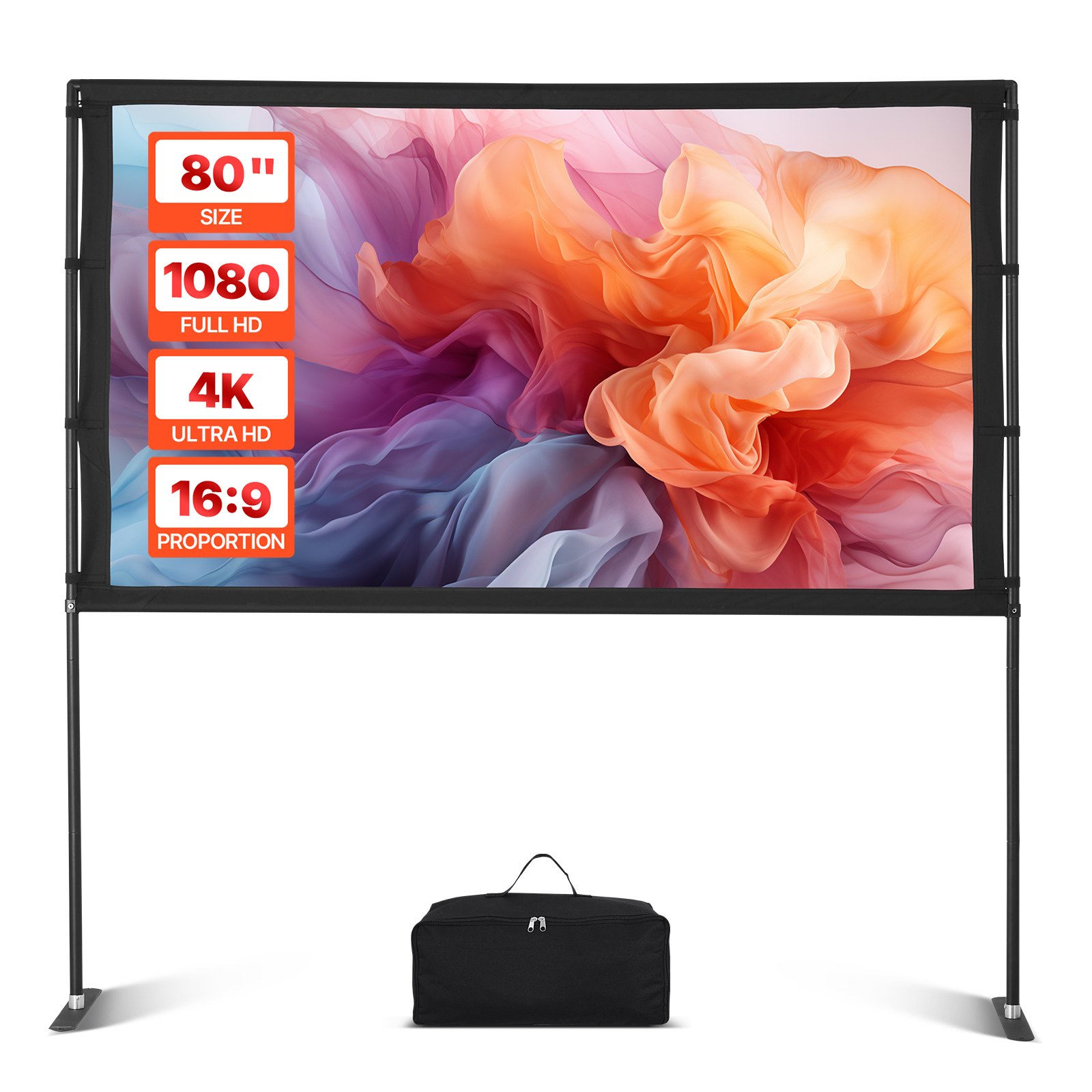 VEVOR Pantalla de Proyector con 2 Soportes de Pie Plano, Pantalla de Proyección Portátil Antiarruga de 203,2 cm con Bolsa de Transporte Ángulo Amplio de 160° 16:9 4K HD para Cine en Casa