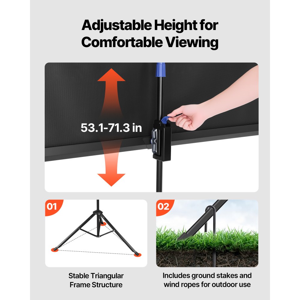VEVOR Pantalla de Proyector con Soporte de 152,4 cm, Pantalla de Proyección Portátil y Antiarrugas con Trípode y Bolsa de Transporte, Ángulo Amplio de 160°, 16:9 4K HD, para Proyectores en Casa