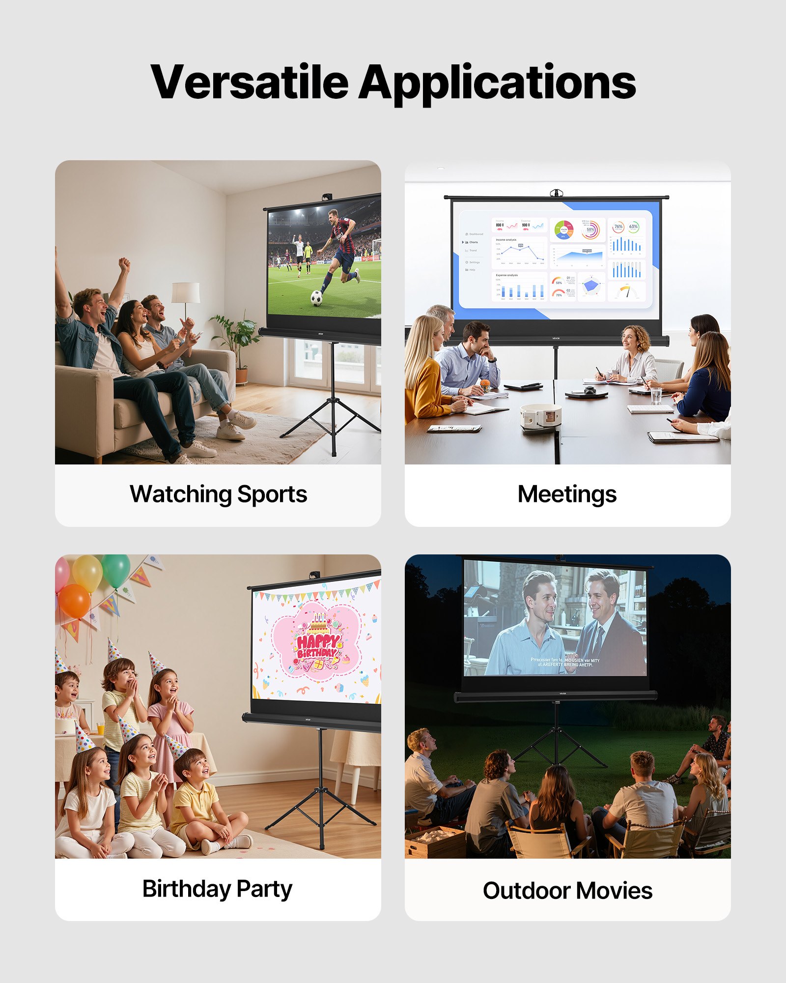 VEVOR Pantalla de Proyector con Soporte de 152,4 cm, Pantalla de Proyección Portátil y Antiarrugas con Trípode y Bolsa de Transporte, Ángulo Amplio de 160°, 16:9 4K HD, para Proyectores en Casa