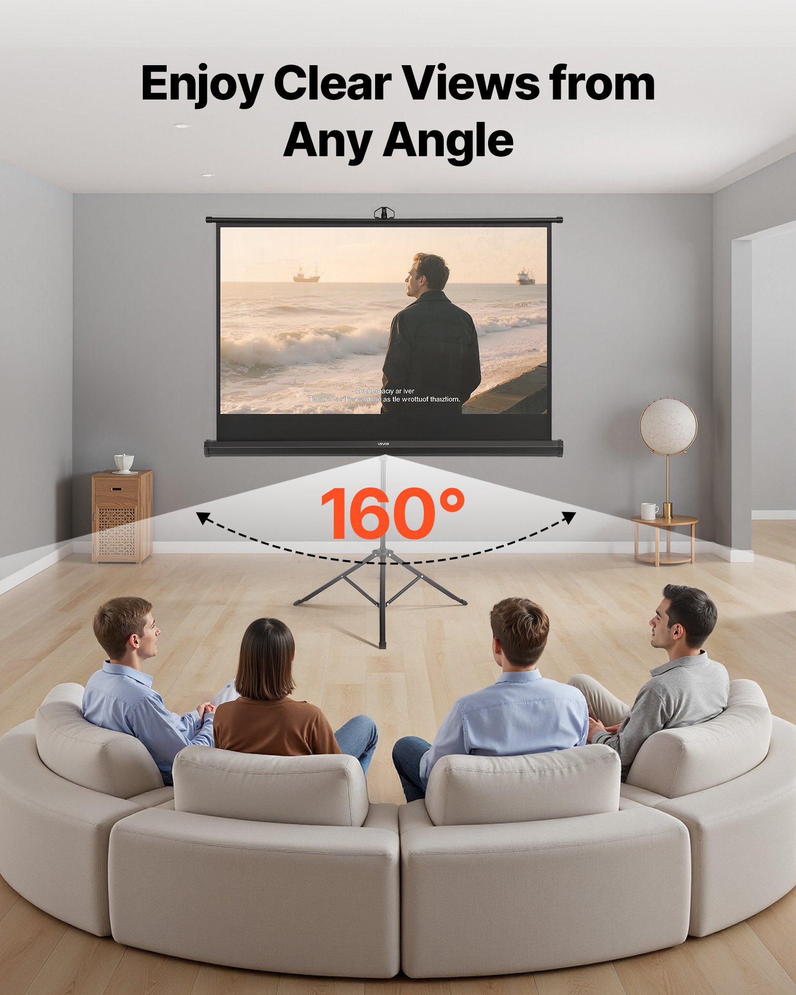 VEVOR Pantalla de Proyector con Soporte de 152,4 cm, Pantalla de Proyección Portátil y Antiarrugas con Trípode y Bolsa de Transporte, Ángulo Amplio de 160°, 16:9 4K HD, para Proyectores en Casa