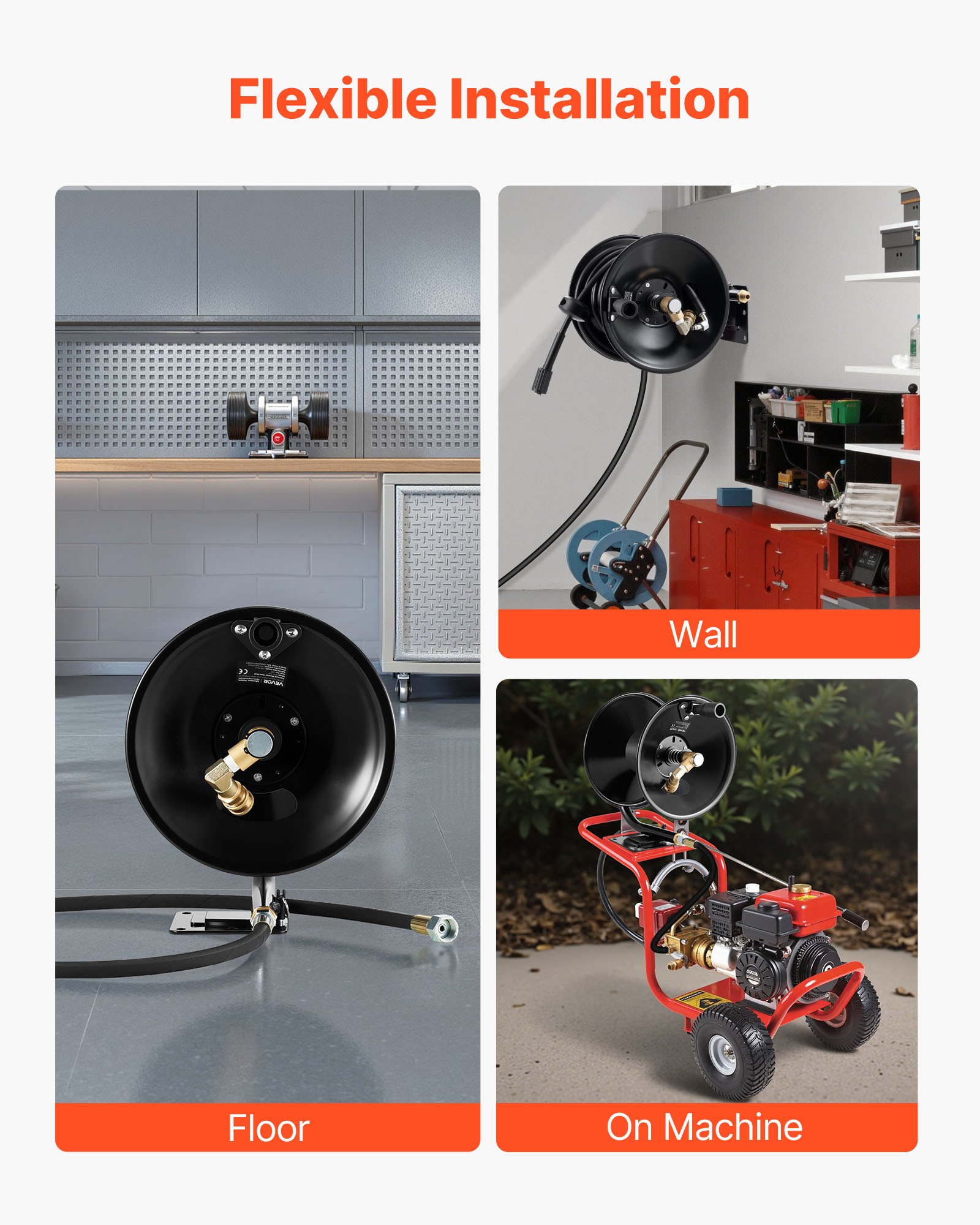 VEVOR Pressure Washer Hose Reel, 15.2 m x 9.5 mm Heavy-Duty Steel Bracket-Mounted Pressure Hose Reel, Wall/Floor/Truck Mount, 4000PSI Max, Manual Power Hand Crank for Water, with Grip Handle