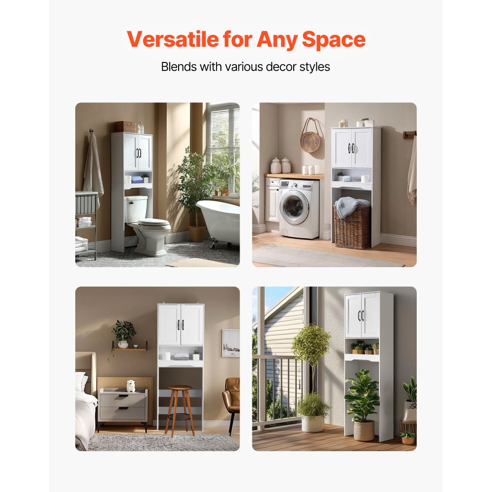 VEVOR Armario de Almacenamiento para Inodoro con Puerta Doble y Estante Ajustable, Organizador para Ahorrar Espacio sobre el Inodoro con Estante Abierto, Carga 30 kg, Blanco, 600 x 210 x 1651 mm