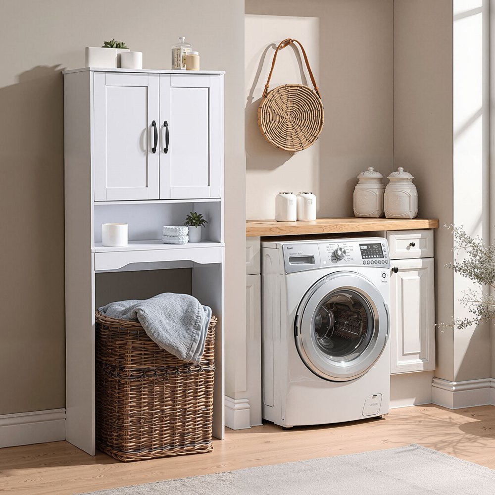 VEVOR Armario de Almacenamiento para Inodoro con Puerta Doble y Estante Ajustable, Organizador para Ahorrar Espacio sobre el Inodoro con Estante Abierto, Carga 30 kg, Blanco, 600 x 210 x 1651 mm