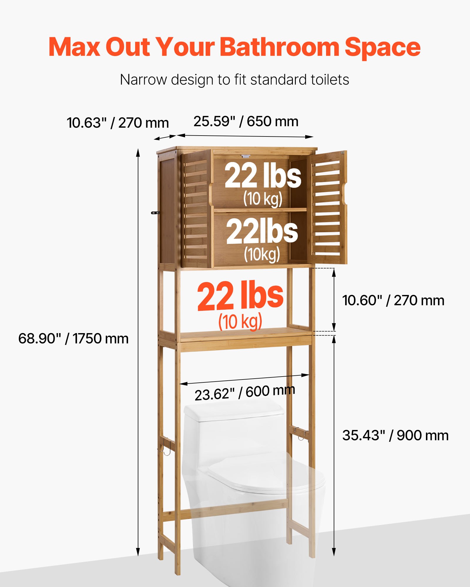 VEVOR Bamboo Over The Toilet Storage Cabinet, 175 cm Height Bathroom Storage Organizer with Double Door & Inner Adjustable Shelf, Bathroom Space Saver Organizer Above Toilet with Open Shelf, Natural