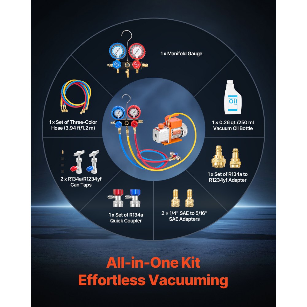 VEVOR Kit de Bomba de Vacío y Manómetro 4,5 CFM 127 L/min, Bomba de Vacío de Paletas Rotativas, Compatible con R134a, R22, R410a, R1234YF y R32 para Aires Acondicionados de Automóviles y Hogares