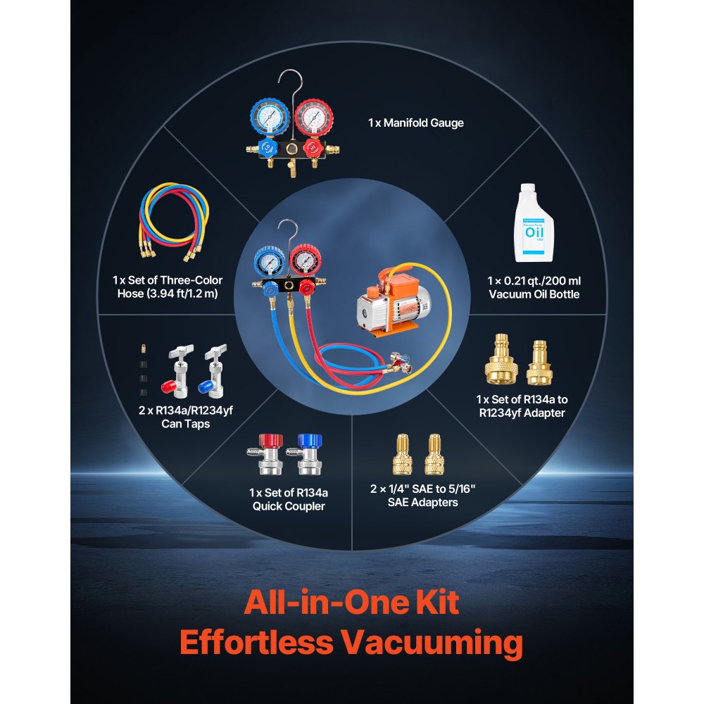 VEVOR Kit de Bomba de Vacío y Manómetro 3,5 CFM 99 L/min, Bomba de Vacío de Paletas Rotativas, Compatible con R134a, R22, R410a, R1234YF y R32 para Aires Acondicionados de Automóviles y Hogares