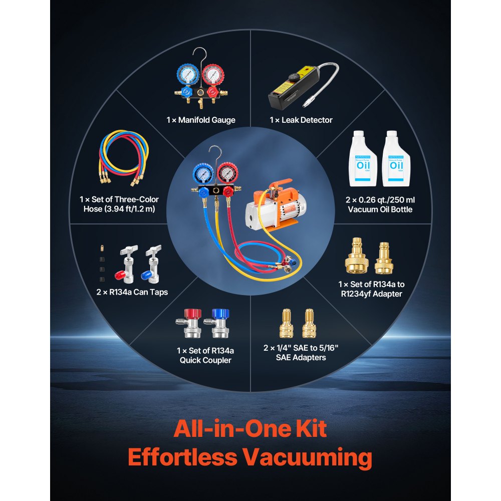 VEVOR Kit de Bomba de Vacío y Manómetro 7 CFM 198 L/min, Bomba de Vacío de Paletas Rotativas de 2 Etapas, Compatible con R134a, R22 y R410a para Aires Acondicionados de Automóviles y Hogares