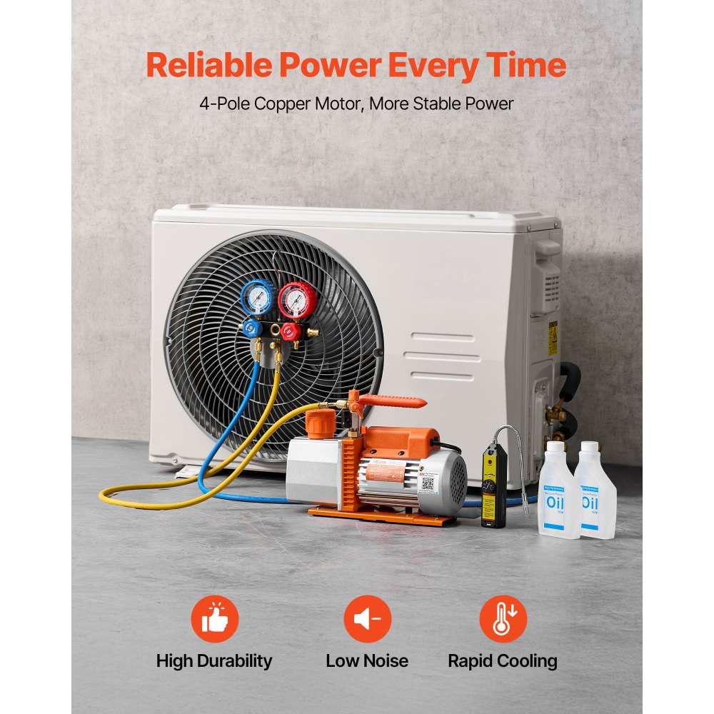 VEVOR Kit de Bomba de Vacío y Manómetro 7 CFM 198 L/min, Bomba de Vacío de Paletas Rotativas de 2 Etapas, Compatible con R134a, R22 y R410a para Aires Acondicionados de Automóviles y Hogares