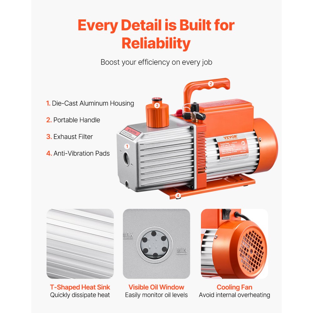 VEVOR vacuum pump, 9 CFM, HVAC 2-stage rotary vane vacuum pump, for R134a R22 R410a systems, car AC vacuum pump kit with oil bottle, for resin degassing for the maintenance of car air conditioning systems