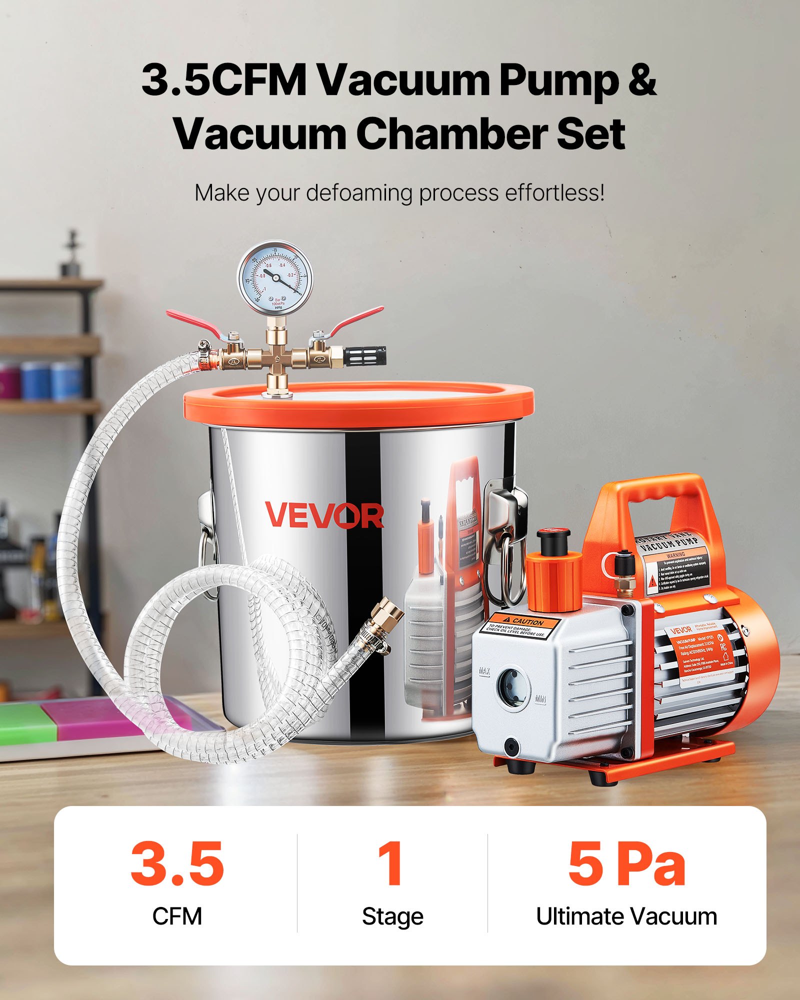 VEVOR 11.36 L Vacuum Chamber with Pump, 110 L/min, Stainless Steel, Degassing Chamber Kit, Single Stage Vacuum Pump, Tempered Glass Lid, 1.5 m Hose, Oil, for Stabilizing Wood Degassing Silicone Resin