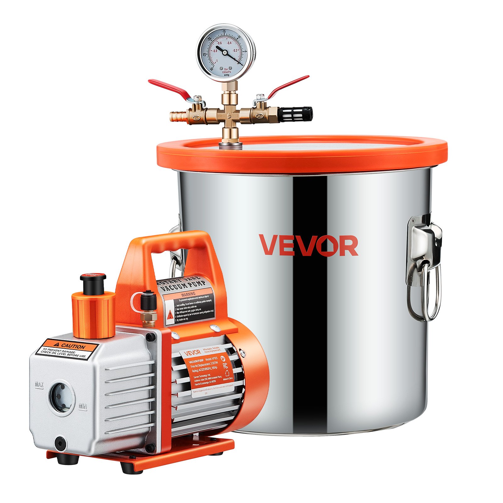 VEVOR 11.36 L Vacuum Chamber with Pump, 110 L/min, Stainless Steel, Degassing Chamber Kit, Single Stage Vacuum Pump, Tempered Glass Lid, 1.5 m Hose, Oil, for Stabilizing Wood Degassing Silicone Resin