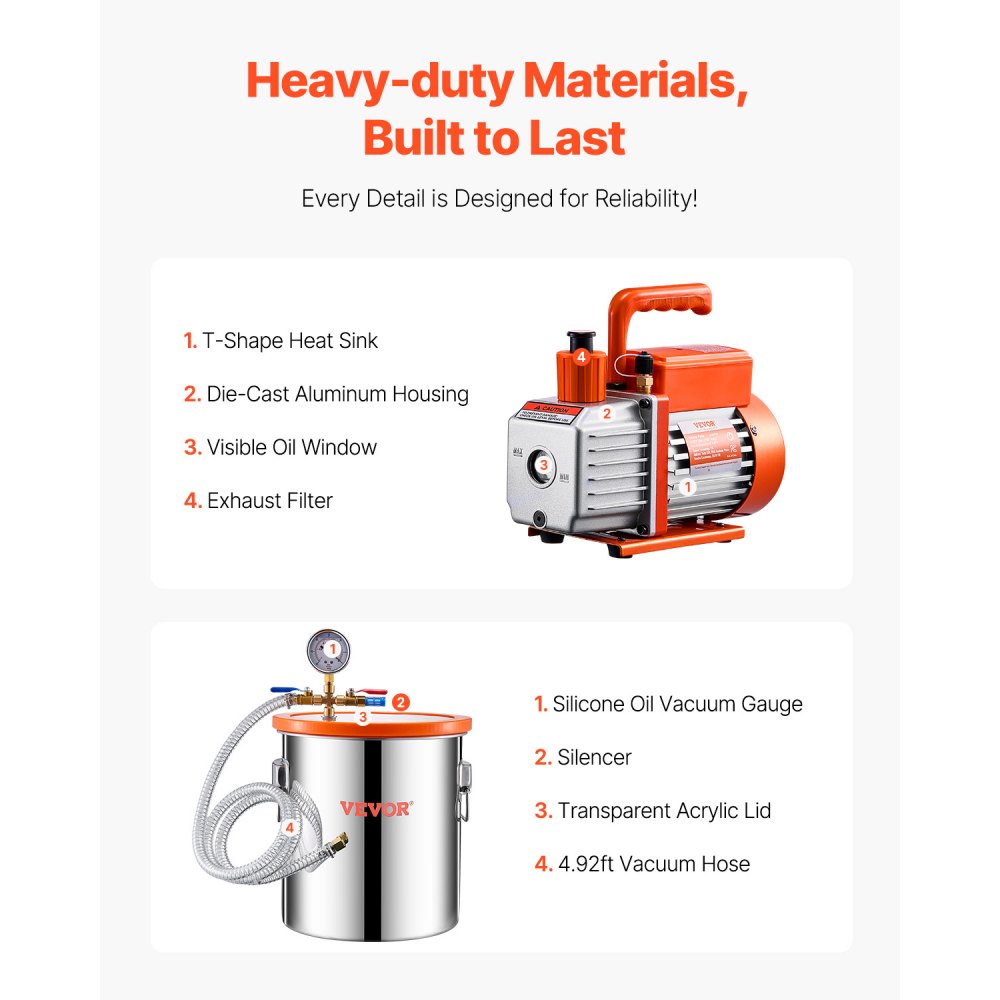 VEVOR 18.93 L Vacuum Chamber & 3.5 CFM Pump, Stainless Steel Chamber, Single-Stage Vacuum Pump Degassing Chamber Kit, with Acrylic Lid, Oil, 1.5 m Hose, Vacuum Pump Kit for Degassing Resin, Silicone, and Epoxy Resins