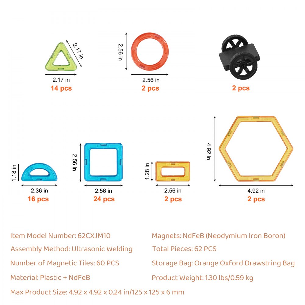 VEVOR Magnetic Building Blocks, 62-Piece Magnetic Construction Set for Children, Magnetic Toy with Wheel Groups, STEM Sensory Learning Toy, Construction Stacking Toy, Gift for Children Ages 3 and Up