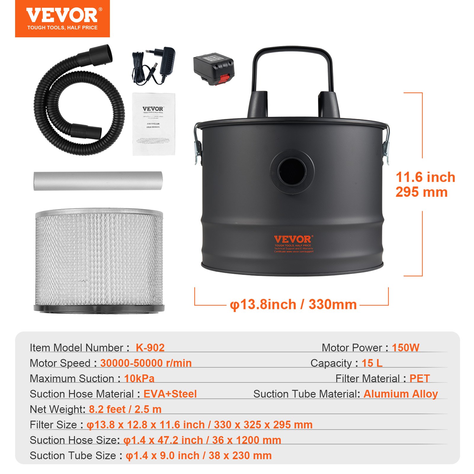 Aspirador de cenizas VEVOR, capacidad de 15 l, potente succión, aspirador para chimeneas con succión inversa, cable de alimentación de 1,8 m, 10 kPa de aspiración máxima, para chimeneas, estufas de pellets, estufas de leña, quemadores de leña, color negro