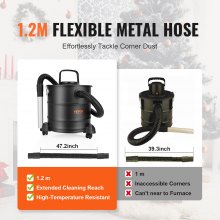 VEVOR Aspirador de Cenizas 20L Potente Aspiración 1200W Aspirador de Pellets de Cenizas con Manguera Flexible de 1,2m Ruedas para Chimeneas Estufas de Pellets Parrillas Hornos de Pizza Brasero de Leña