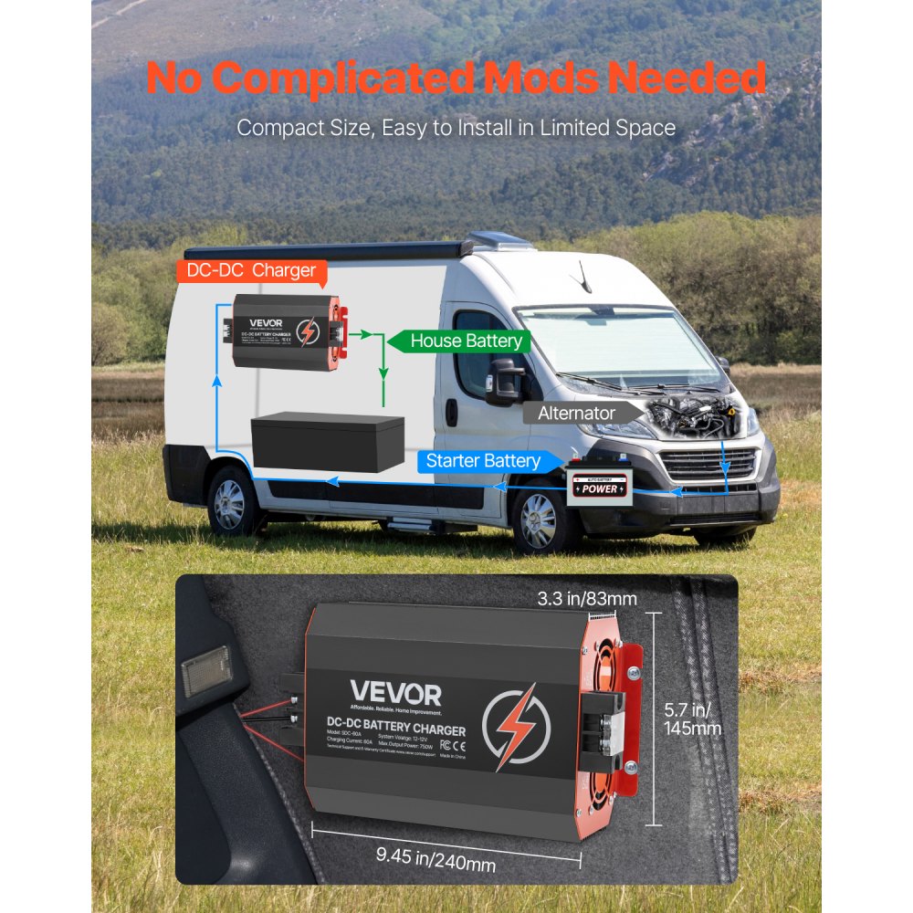 VEVOR 60 A 750 W Cargador Integrado de CC a CC de Batería con Carga Inteligente Multietapa para Baterías de Plomo-Ácido, Litio, AGM, GEL para Autocaravanas, Vehículos Comerciales, Barcos y Yates
