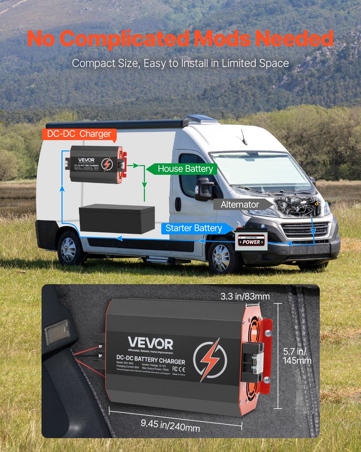 VEVOR 60 A 750 W Cargador Integrado de CC a CC de Batería con Carga Inteligente Multietapa para Baterías de Plomo-Ácido, Litio, AGM, GEL para Autocaravanas, Vehículos Comerciales, Barcos y Yates
