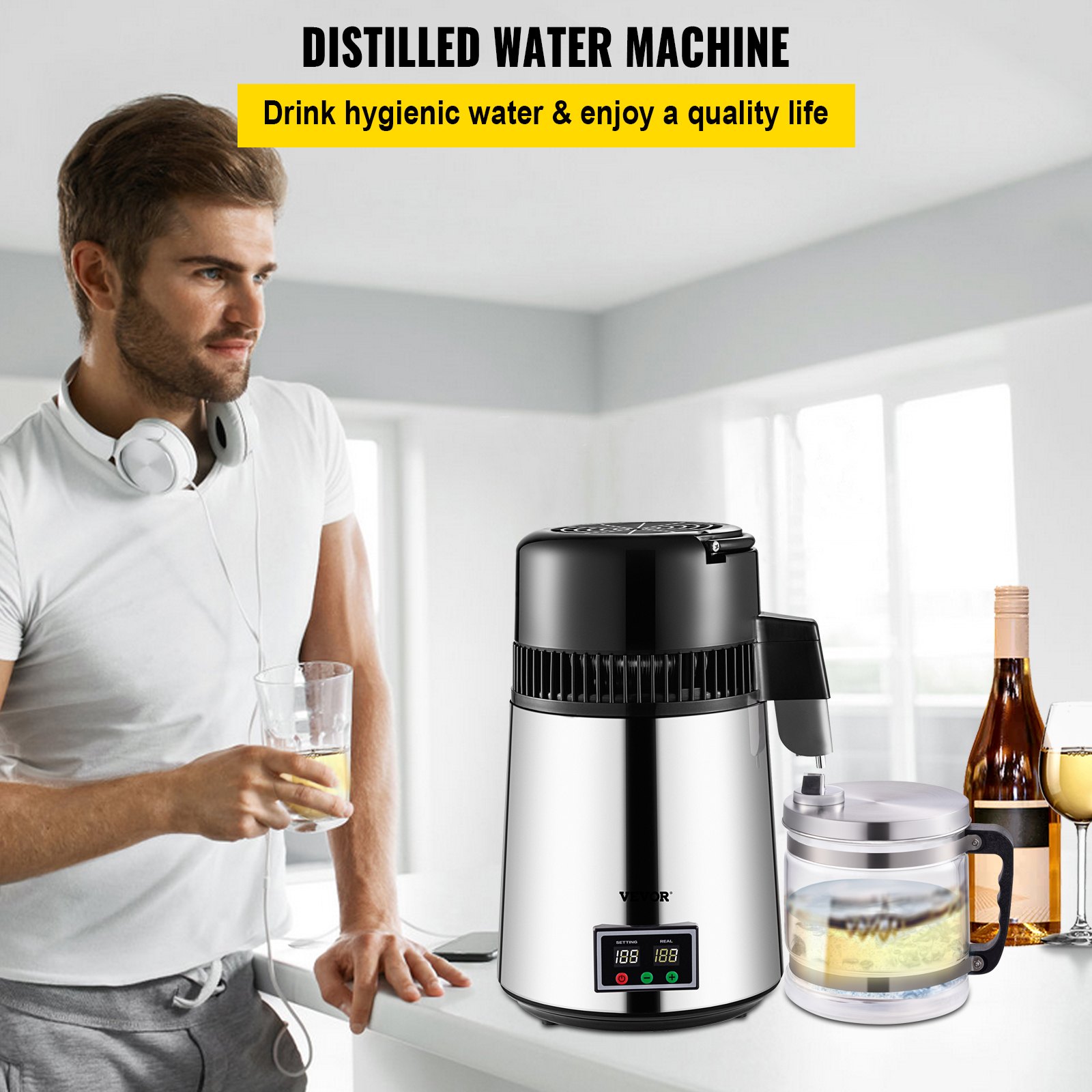 Vevor 4 L Destilador De Agua 750 W Purificador De Agua Acero Inoxidable Plata