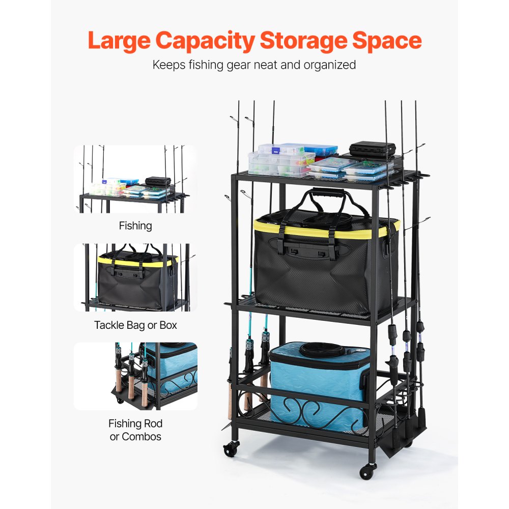 VEVOR Soporte para Cañas de Pescar 10 Postes, Carrito Móvil con Ruedas, Organizador de Equipo de Pesca para Garaje, Hogar, Interior, para Caja de Aparejos, Carrete, Accesorios, 555 x 330 x 860 mm