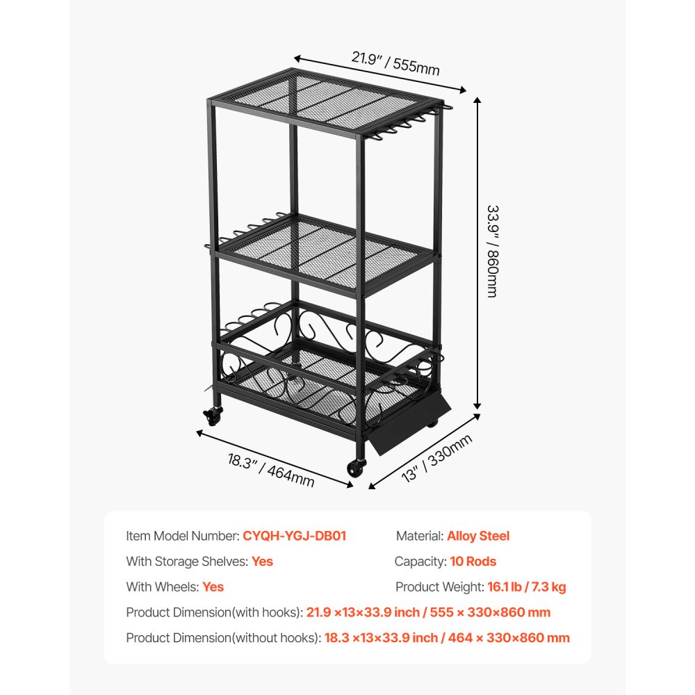 VEVOR Soporte para Cañas de Pescar 10 Postes, Carrito Móvil con Ruedas, Organizador de Equipo de Pesca para Garaje, Hogar, Interior, para Caja de Aparejos, Carrete, Accesorios, 555 x 330 x 860 mm