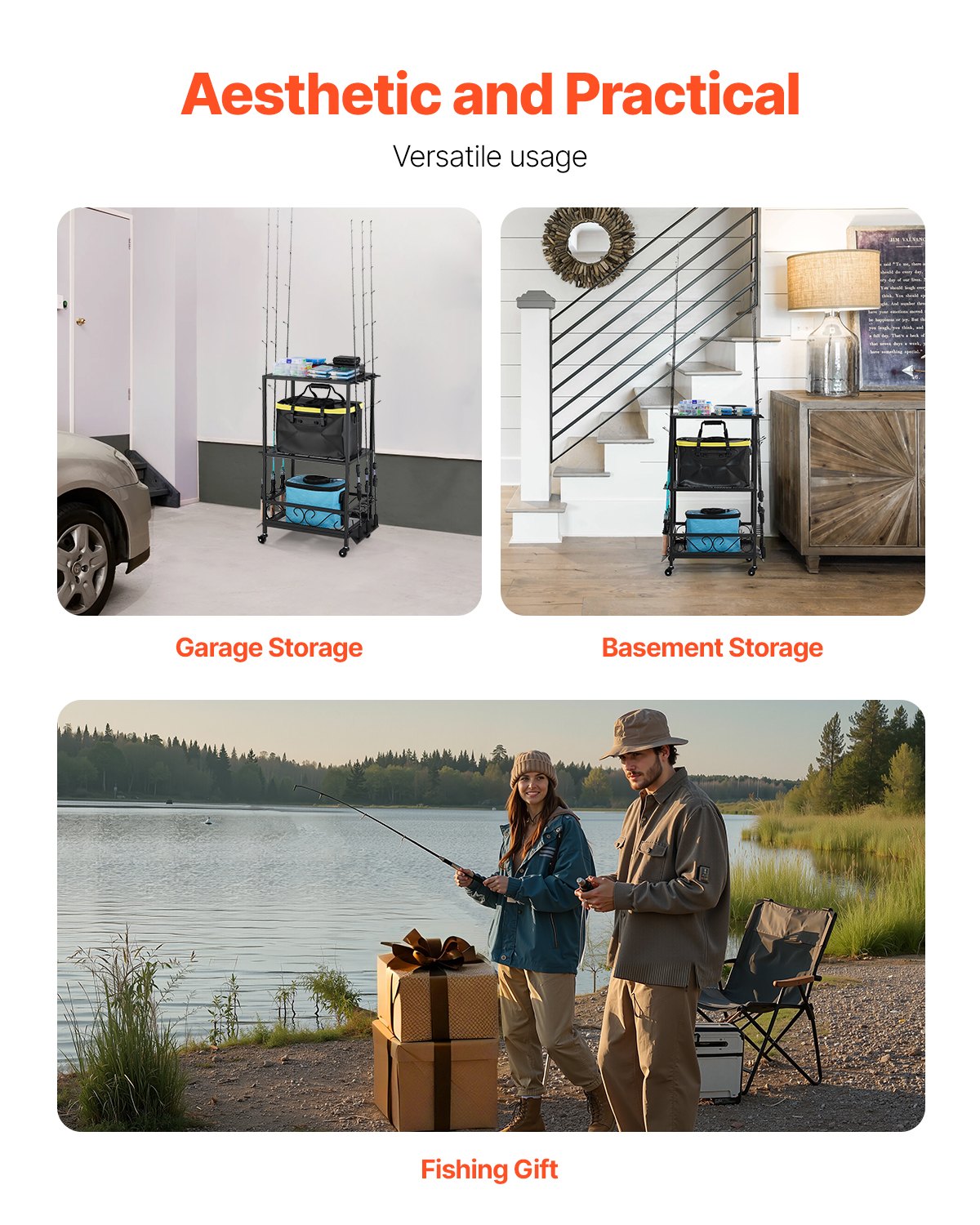 VEVOR Soporte para Cañas de Pescar 10 Postes, Carrito Móvil con Ruedas, Organizador de Equipo de Pesca para Garaje, Hogar, Interior, para Caja de Aparejos, Carrete, Accesorios, 555 x 330 x 860 mm