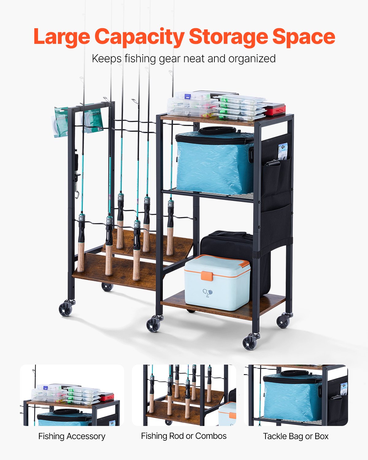VEVOR Soporte para Cañas de Pescar, 12 Postes, Carrito Móvil con Ruedas, Organizador de Equipo de Pesca para Garaje, Hogar, Interior, para Caja Aparejos, Carrete, Accesorios, 948 x 300 x 830 mm