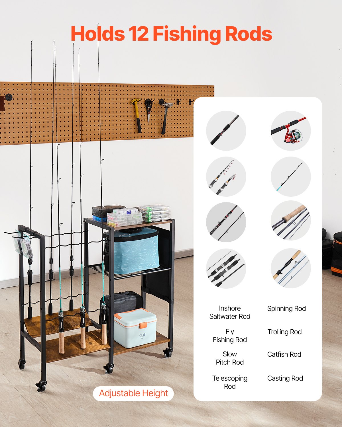 VEVOR Soporte para Cañas de Pescar, 12 Postes, Carrito Móvil con Ruedas, Organizador de Equipo de Pesca para Garaje, Hogar, Interior, para Caja Aparejos, Carrete, Accesorios, 948 x 300 x 830 mm