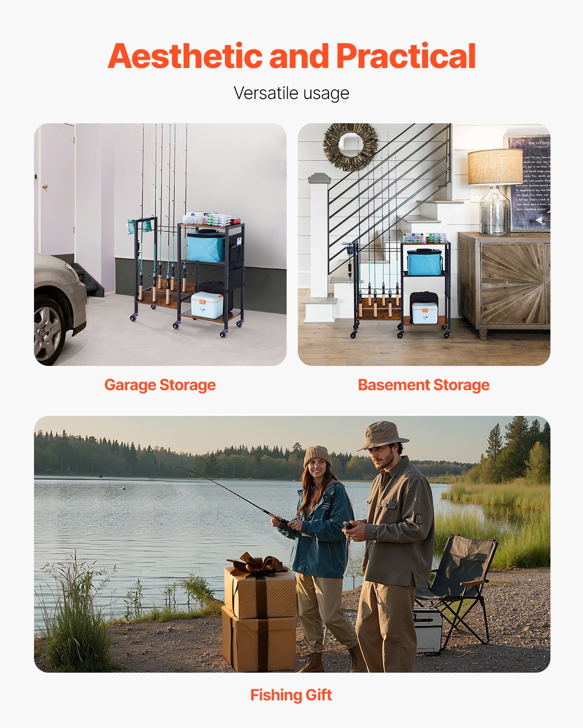 VEVOR Soporte para Cañas de Pescar, 12 Postes, Carrito Móvil con Ruedas, Organizador de Equipo de Pesca para Garaje, Hogar, Interior, para Caja Aparejos, Carrete, Accesorios, 948 x 300 x 830 mm