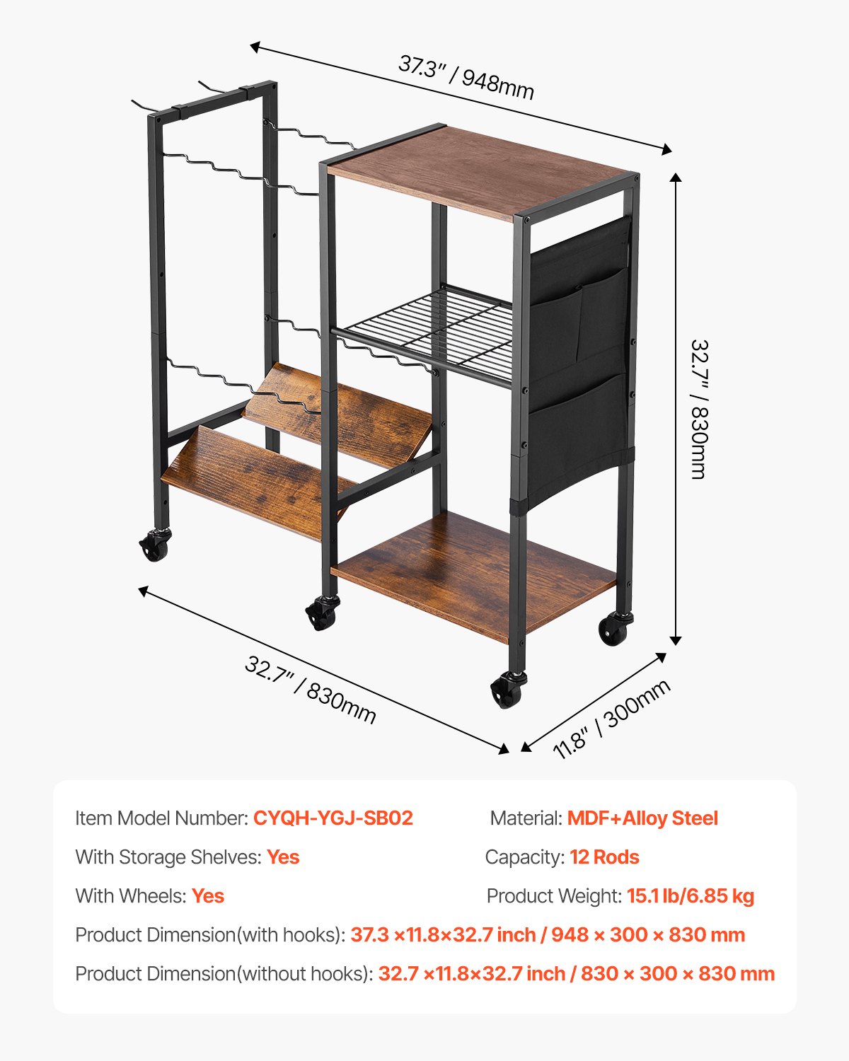 VEVOR Soporte para Cañas de Pescar, 12 Postes, Carrito Móvil con Ruedas, Organizador de Equipo de Pesca para Garaje, Hogar, Interior, para Caja Aparejos, Carrete, Accesorios, 948 x 300 x 830 mm