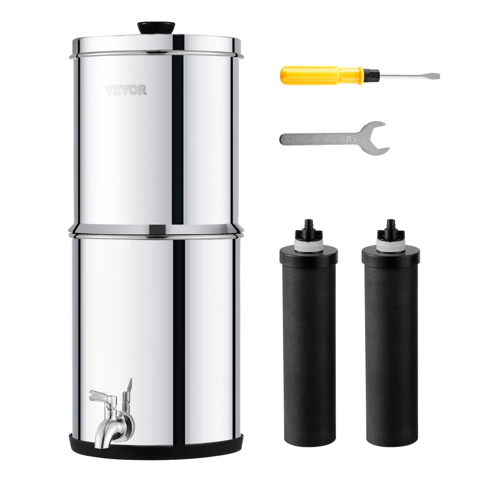 VEVOR Sistema de Filtración de Agua por Gravedad 5,5 L Filtro de Agua por Gravedad para Encimera Acero Inoxidable 304 Reduce Plomo y hasta 99% de Cloro con 2 Filtros de Carbón y Grifo para Hogar