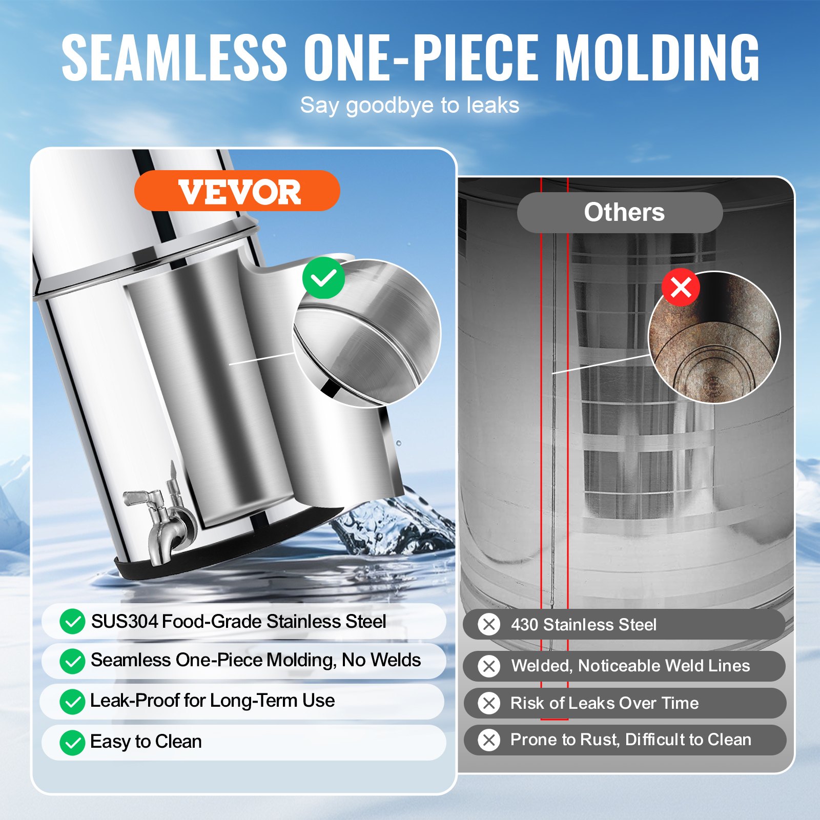 VEVOR Sistema de Filtración de Agua por Gravedad 5,5 L Filtro de Agua por Gravedad para Encimera Acero Inoxidable 304 Reduce Plomo y hasta 99% de Cloro con 2 Filtros de Carbón y Grifo para Hogar